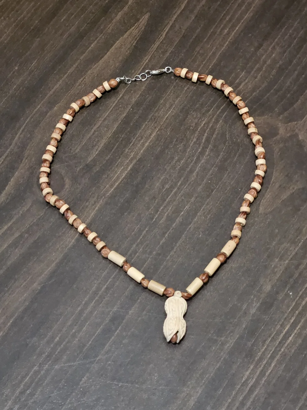 Handcrafted Brown and Beige Wooden Beaded Carved Peanut Necklace